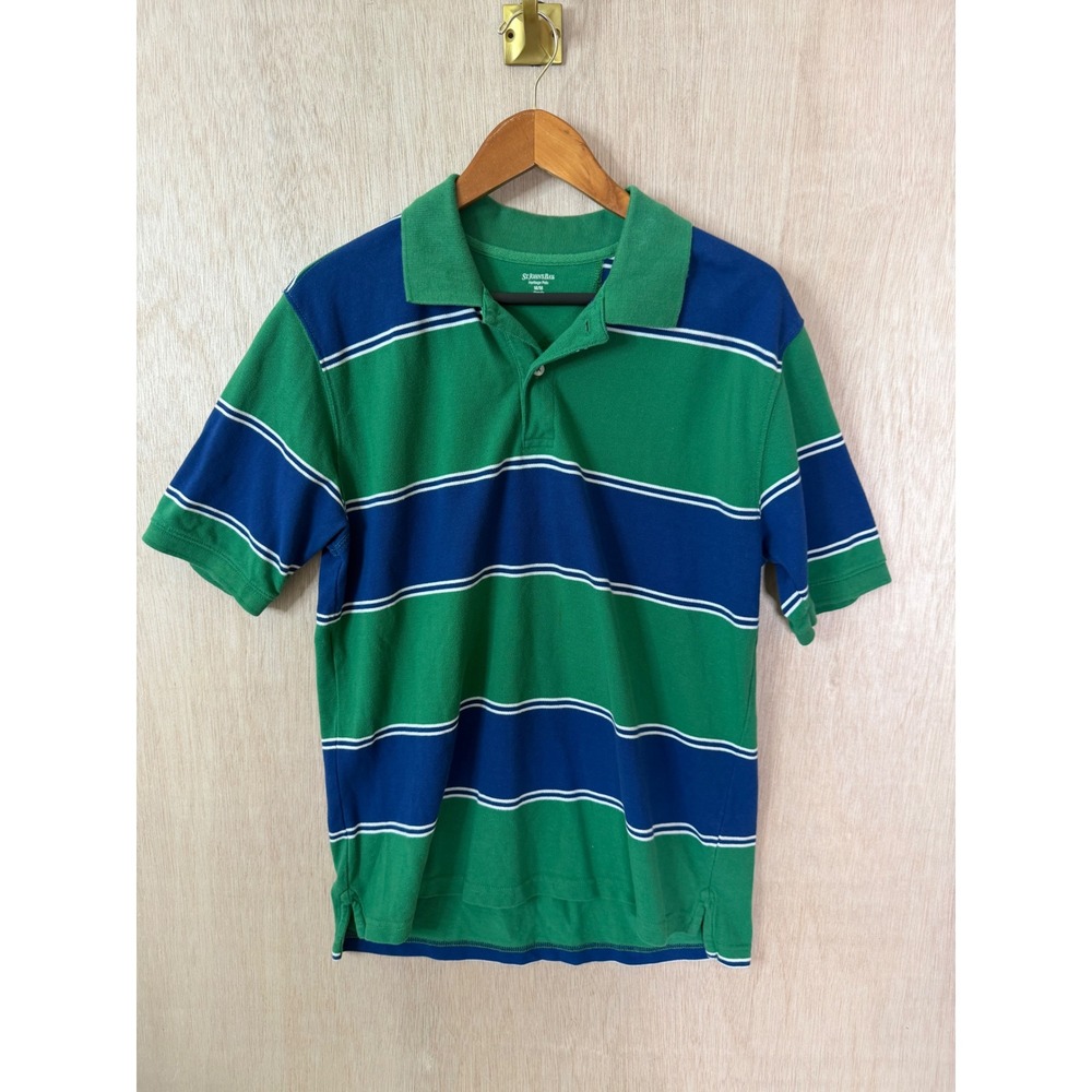 St Johns Bay Mens Medium Heritage Polo Shirt Green Blue Striped Short Sleeve